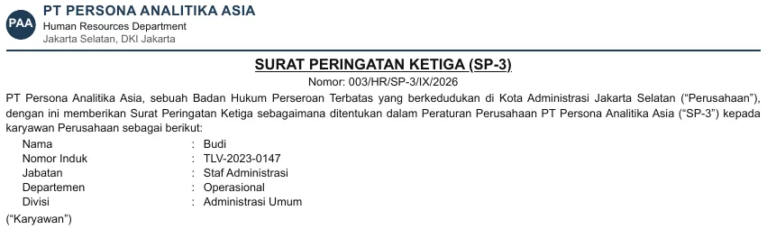 The top of the SP-3 letter: the fictional company's letterhead, the title and letter number, the opening paragraph issuing the third warning under the company rules, and the employee it is addressed to, with name, ID number, position, department, and division.