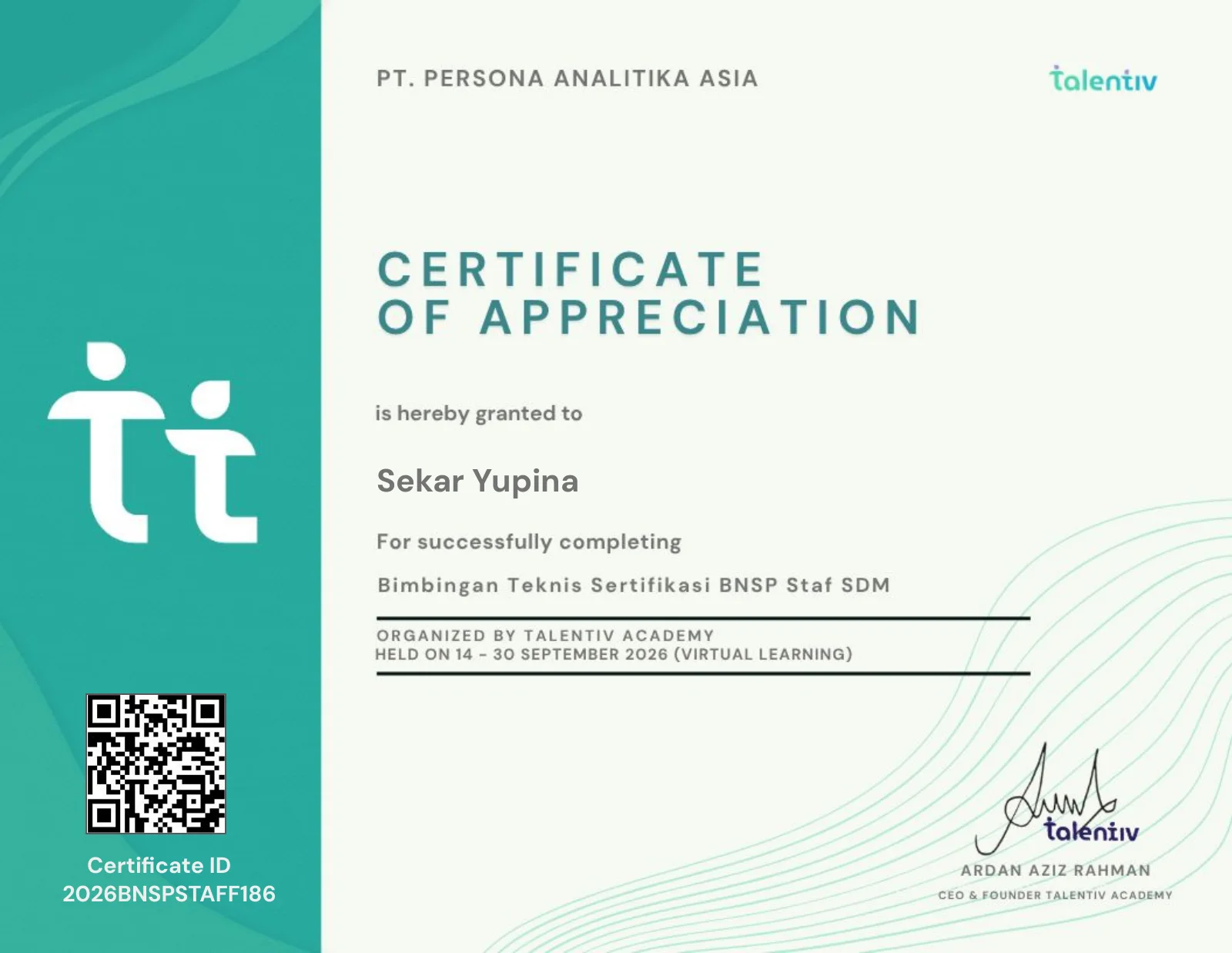Certificate of Appreciation from Talentiv Academy, granted to Sekar Yupina for completing Bimbingan Teknis Sertifikasi BNSP Staf SDM, held 14 to 30 September 2026. Certificate ID 2026BNSPSTAFF186. Its second page lists the four competency units attended.