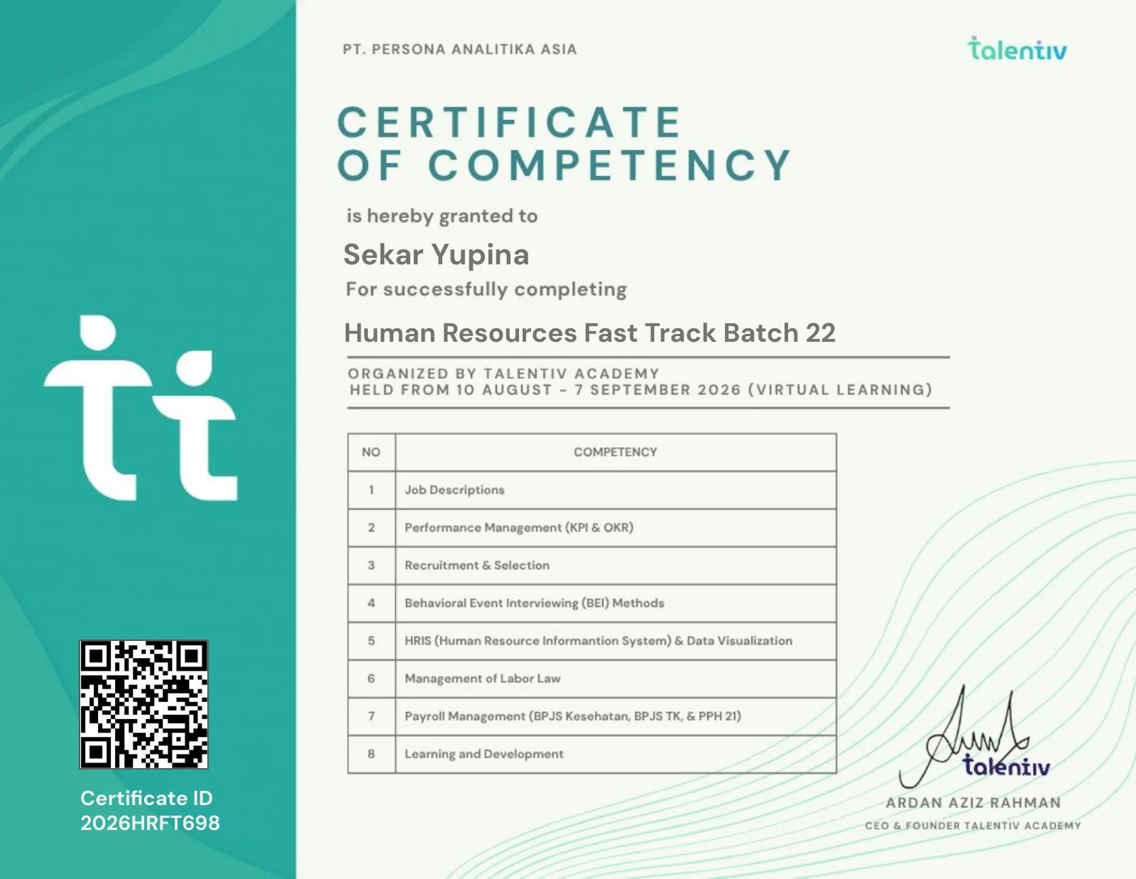 Certificate of Competency from Talentiv Academy, granted to Sekar Yupina for completing Human Resources Fast Track Batch 22, held 10 August to 7 September 2026, listing its eight competencies. Certificate ID 2026HRFT698.